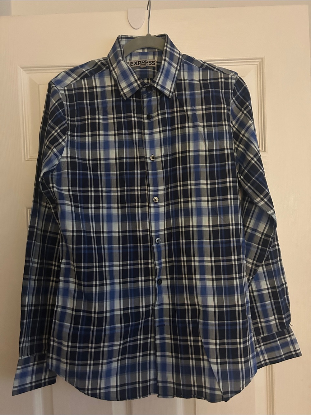 Express Men’s Navy and White Plaid Button-Down Shirt
